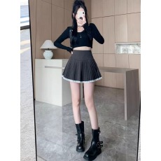 批发辣妹短裙秋冬新款时尚蕾丝花边A字裙高腰百褶裙毛呢半身裙子