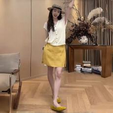 批发大码慵懒风双侧拉链黄色<b class='q'>亚麻</b>半身裙女胖mm显瘦短裙裤遮肉A字裤裙