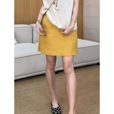 批发大码慵懒风双侧拉链黄色<b class='q'>亚麻</b>半身裙女胖mm显瘦短裙裤遮肉A字裤裙