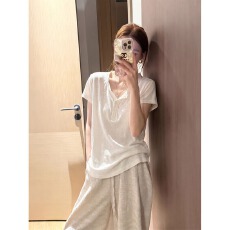 批发韩系慵懒风圆领正肩短袖t恤女夏季纸片人<b class='q'>显瘦</b>松弛感亨利领薄上衣