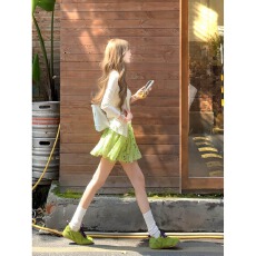 批发韩系绿色碎花<b class='q'>短裙</b>女夏季高腰显瘦A字<b class='q'>雪纺</b>温柔风半身伞裙小个子潮