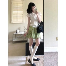 批发大码韩系绿色碎花伞裙防走光<b class='q'>雪纺</b>半身裙女夏季设计感显瘦高腰<b class='q'>短裙</b>