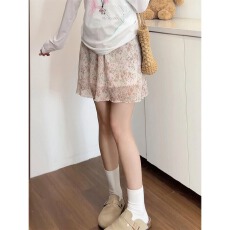 批发大码粉色碎花<b class='q'>雪纺</b><b class='q'>短裙</b>女夏季新款休闲网纱裙子高腰显瘦a字半身裙