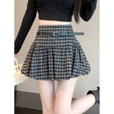 批发小个子黑色格子花苞短裙女夏季甜酷风<b class='q'>高腰</b>a字蓬蓬裙裤大码半身裙