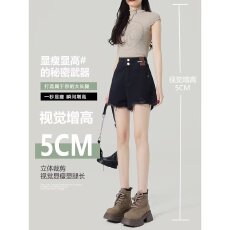 批发黑色牛仔短裤女夏季薄款新款高腰宽松a字显瘦阔腿毛边热裤