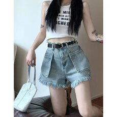 批发破洞流苏牛仔短裤女夏季高腰大码胖MM显瘦毛边辣妹a字阔腿热裤潮