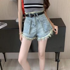 批发ins破洞流苏牛仔短裤女夏季高腰显瘦毛边辣妹a字阔腿热裤潮日系
