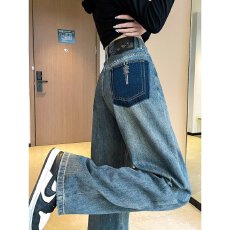 批发美式水洗蓝直筒牛仔裤<b class='q'>男</b>春秋新款设计感小众潮牌复古宽松休闲<b class='q'>裤子</b>