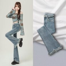 批发流苏微喇牛仔裤女夏季薄款高腰显瘦小个子毛边马蹄喇叭裤子