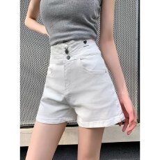 批发<b class='q'>白色</b>超高腰收腹牛仔<b class='q'>短裤</b>女夏季薄款a字显瘦宽松阔腿热裤潮