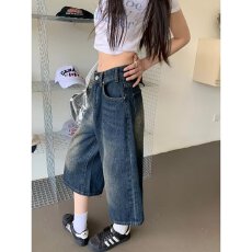 批发夏季小众百搭美式复古做旧蓝牛仔<b class='q'>短裤</b><b class='q'>男</b>宽松直筒阔腿七分裤垂坠感