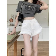 批发白色牛仔短裤女夏款高腰毛边破洞拉丝热裤外穿<b class='q'>修身</b>显瘦ins潮