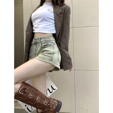 批发美式辣妹牛仔短裤女夏季新款高腰<b class='q'>弹力</b>显瘦直筒a字超短热裤子