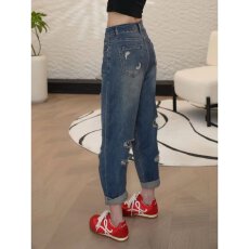 批发破洞<b class='q'>哈伦</b>老爹牛仔裤女高腰显瘦新款春装宽松梨形身材萝卜裤