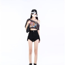 批发黑色辣妹牛仔短裤女夏季外穿高腰显瘦<b class='q'>弹力</b>小个子直筒a字超短热裤