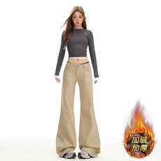 批发美式卡其色微喇<b class='q'>牛仔裤</b>女春夏新款高腰显瘦辣妹加绒不贴腿长裤