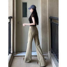 批发卡其色微喇叭<b class='q'>牛仔裤</b>女秋冬新款美式辣妹低腰宽松不贴腿拖地马蹄裤
