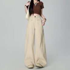 批发大码杏色阔腿<b class='q'>牛仔裤</b>女夏季新款胖妹高腰显瘦梨形身材直筒拖地长裤