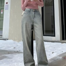批发美式泥黄色阔腿加绒<b class='q'>牛仔裤</b>女秋冬新款时尚高腰宽松直筒拖地裤