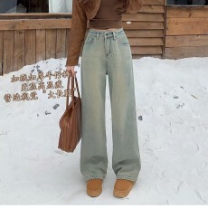 批发美式泥黄色阔腿加绒<b class='q'>牛仔裤</b>女秋冬新款时尚高腰宽松直筒拖地裤