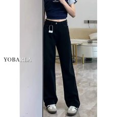 批发黑色窄版直筒<b class='q'>牛仔裤</b>女秋冬加绒胖mm大码显瘦宽松梨形身材阔腿裤子