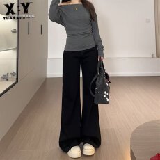 批发黑色高腰微喇<b class='q'>牛仔裤</b>女秋季小个子弹力加绒垂感百搭喇叭裤子