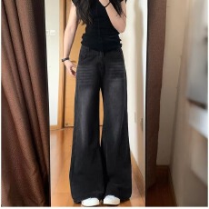 批发黑灰色阔腿<b class='q'>牛仔裤</b>新款女高腰宽松垂感显瘦梨型身材大码直筒裤