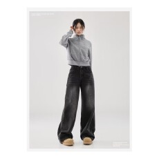 批发复古黑色宽松阔腿<b class='q'>牛仔裤</b>女秋冬新款高腰直筒裤大码美式拖地裤