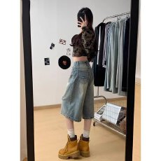 批发潮流气质新款美式工装牛仔<b class='q'>短裤</b><b class='q'>男</b>夏季宽松休闲阔腿口袋渐变七分裤
