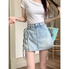 批发辣妹绑带牛仔半身裙裤女夏季新款不规则防走光高腰a字包臀短裙子