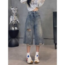 批发潮流日系新款美式复古破洞流苏做旧牛仔<b class='q'>短裤</b><b class='q'>男</b>夏直筒工装<b class='q'>短裤</b>时尚