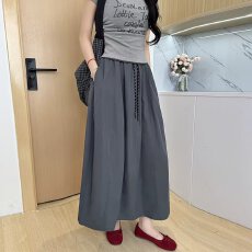 批发白色高腰收腰花苞半身裙女大码胖mm宽松遮胯显瘦慵懒风松紧腰长裙