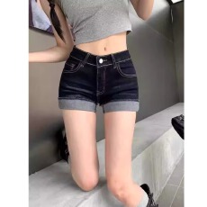 批发深蓝色牛仔短裤女夏季薄款大码胖mm显瘦梨形身材<b class='q'>弹力</b>高腰a字热裤