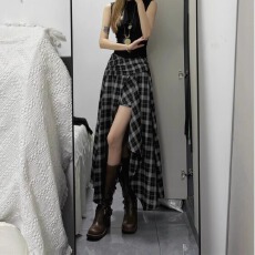 批发美式复古格子裙女夏季薄款不规则a字半身裙高中长裙子春秋