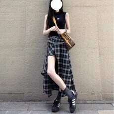 批发自然涩美式复古格子裙女夏季薄款不规则a字半身裙高中长裙子春秋