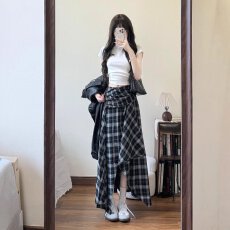 批发自然涩美式复古格子裙女夏季薄款不规则a字半身裙高中长裙子春秋