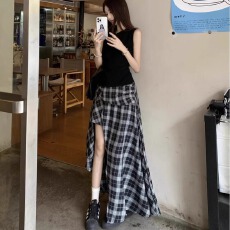 批发美式复古格子裙女夏季薄款不规则a字半身裙高中长裙子春秋