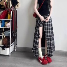 批发自然涩美式复古格子裙女夏季薄款不规则a字半身裙高中长裙子春秋