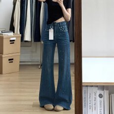 批发复古蓝烫钻高腰阔腿<b class='q'>裤</b><b class='q'>牛仔裤</b>女九分<b class='q'>裤</b>宽松弹力显瘦直筒<b class='q'>裤</b>拖地<b class='q'>裤</b>子