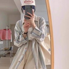 批发大码胖妹妹条纹港风长袖衬衫女防晒外套<b class='q'>春</b>夏衬衣外搭复古薄款上衣
