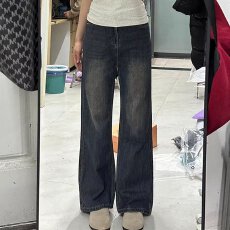 批发复古水洗做旧微喇叭牛仔<b class='q'>裤</b>女小个子百搭高腰显瘦宽松垂感阔腿<b class='q'>裤</b>