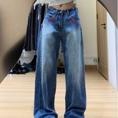 批发潮流美式复古刺绣牛仔<b class='q'>裤</b>女春秋季新款高腰水洗宽松垂感拖地<b class='q'>裤</b>