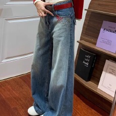 批发潮流美式复古刺绣牛仔<b class='q'>裤</b>女春秋季新款高腰水洗宽松垂感拖地<b class='q'>裤</b>