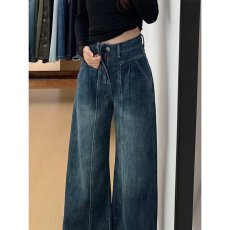 批发美式复古蓝阔腿牛仔<b class='q'>裤</b>女秋冬高腰宽松拼接褶皱直筒垂感拖地<b class='q'>裤</b>