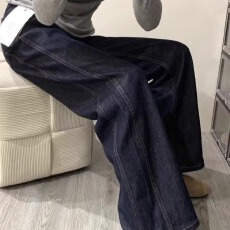批发深蓝色加绒加厚直筒牛仔<b class='q'>裤</b>子女秋冬高腰显瘦窄版直筒宽松阔腿长<b class='q'>裤</b>