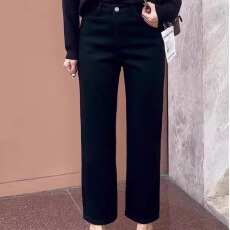 批发黑色直筒牛仔<b class='q'>裤</b>女冬季加绒梨形身材胖MM高腰弹力小个子九分烟管<b class='q'>裤</b>