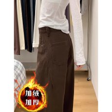 批发美拉德加绒立体裁剪撞色线牛仔<b class='q'>裤</b>女秋冬设计感宽松直筒阔腿弯刀<b class='q'>裤</b>