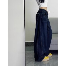 批发美式复古高腰弯刀牛仔<b class='q'>裤</b>女春季新款高街设计感宽松显瘦阔腿拖地<b class='q'>裤</b>