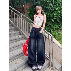 批发<b class='q'>大码</b>胖mm美式复古刺绣弯刀牛仔<b class='q'>裤</b>女夏季设计感小众宽松阔腿拖地<b class='q'>裤</b>