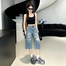 批发流行美式水洗做旧破洞牛仔七分裤<b class='q'>男</b>女宽松休闲百搭阔腿短裤日系